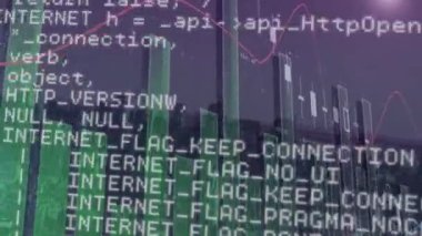 Şehir manzarası üzerindeki istatistik kayıt ve veri işleme animasyonları. küresel bağlantılar ve dijital arayüz konsepti dijital olarak oluşturulmuş video.