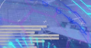 Boş ofis üzerinde tarama ve veri işleme dürbünlerinin animasyonu. küresel bağlantılar ve dijital arayüz konsepti dijital olarak oluşturulmuş video.