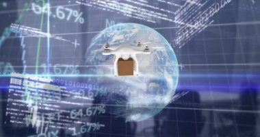 Boş ofis üzerinde karton kutu ve veri işleme taşıyan İHA animasyonu. küresel gönderim, bağlantılar ve dijital arayüz konsepti dijital olarak oluşturulmuş video.