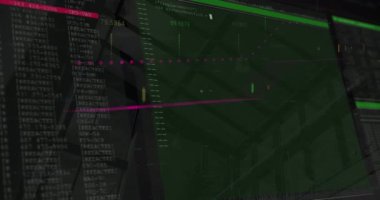 Modern bina üzerindeki ekranlarda finansal veri işleme animasyonu. küresel bağlantılar ve dijital arayüz konsepti dijital olarak oluşturulmuş video.