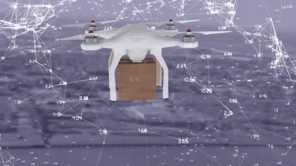Animation Drone Carrying Cardboard Box Network Connections Cityscape Global Shipping — Stock Video