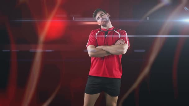 Animation Rugby Player Standing Arms Crossed Glowing Light Trails Red — Stock Video