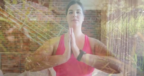 ヨガを練習する女性の上の庭のアニメーション 自宅で運動 スポーツ フィットネス アクティブライフスタイルの概念をデジタルで生成したビデオ — ストック動画
