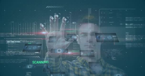 Animering Identitet Databehandling Över Affärsman Röra Biometrisk Skärm Bakgrunden Globala — Stockvideo