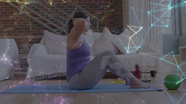 Glowing Network Connections Caucasian Woman Performing Crunches Exercise Home Sports — Stock Video