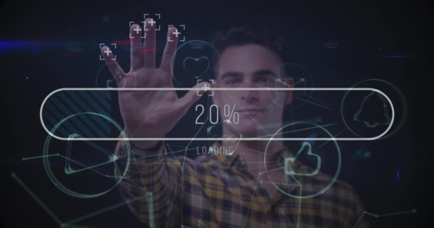Animation Homme Touchant Écran Biométrique Avec Réseau Icônes Numériques Connexions — Video