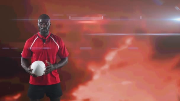 Animation Rugby Player Playing Ball Glowing Red Background Sports Competition — Stock Video