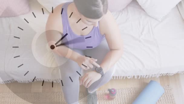 Digital Clock Ticking Overhead View Caucasian Woman Using Smartwatch Home — Stock Video