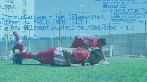 Animation Data Processing Male Football Players Doing Push Ups Pitch — Stock Video