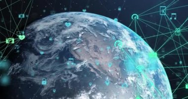 Mavi arkaplandaki dünya üzerindeki simgelerle bağlantı ağının animasyonu. küresel teknoloji, ağ oluşturma ve dijital arayüz kavramı dijital olarak oluşturulmuş video.