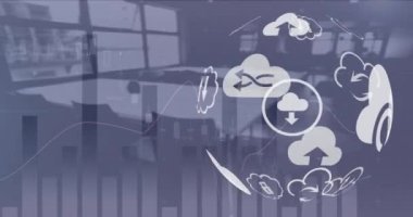 Arka plandaki boş ofise karşı dijital simgeler ve finansal veri işleme küresi. küresel finans ve iş kavramı