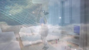 Evdeki egzersiz halatlarını atlayan bir kadın için bağlantı ağının animasyonu. global spor, fitness ve aktif yaşam tarzı konsepti dijital olarak oluşturulmuş video.