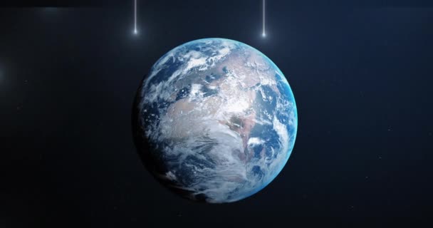 Анимация Светящихся Световых Трасс Над Земным Шаром Синем Фоне Глобальные — стоковое видео