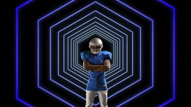 Amerikan Futbolcusunu Siyah Üzerine Hareket Eden Konsantre Mor Neon Altıgenlerin — Stok video