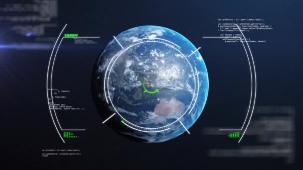 青い背景に地球上のデータ処理とスコープスキャンのアニメーション 世界規模の技術 ネットワーキング デジタルインターフェースの概念デジタル生成ビデオ — ストック動画
