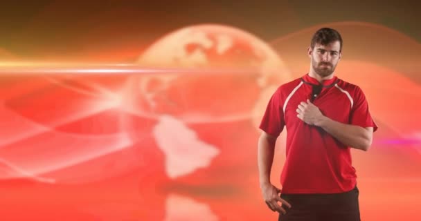 Animação Jogador Rugby Masculino Caucasiano Com Mãos Nos Quadris Sobre — Vídeo de Stock
