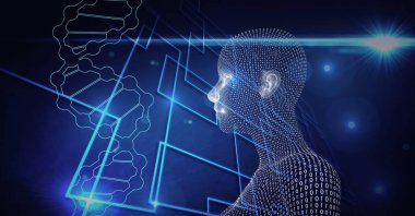 İnsan büstünün bileşimi mavi arkaplandaki DNA ipliği üzerinde ikili kodlama ile oluşturuldu. küresel bilim, tıp ve teknoloji konsepti dijital olarak üretilen görüntü.