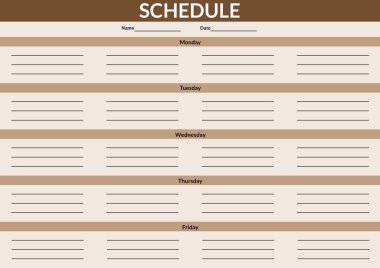 Haftanın günlerinin yazılı olduğu beyaz metindeki program kompozisyonu ve bej üzerine kahverengi ve siyah şebeke. Sayısal olarak oluşturulmuş görüntüler için kopyalama alanı olan haftalık çizelge tasarım şablonu kavramı