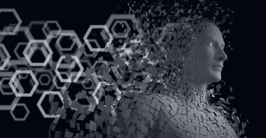 Siyah zemin üzerinde gri parçacıklar ve altıgenlerle oluşan insan büstü bileşimi. küresel bilim, tıp ve teknoloji konsepti dijital olarak üretilen görüntü.