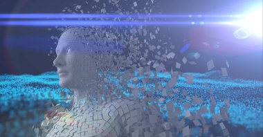 İnsan büstünün bileşimi gri parçacıklar ve mavi arkaplanda mavi ağ ile oluşmuş. küresel bilim, tıp ve teknoloji konsepti dijital olarak üretilen görüntü.