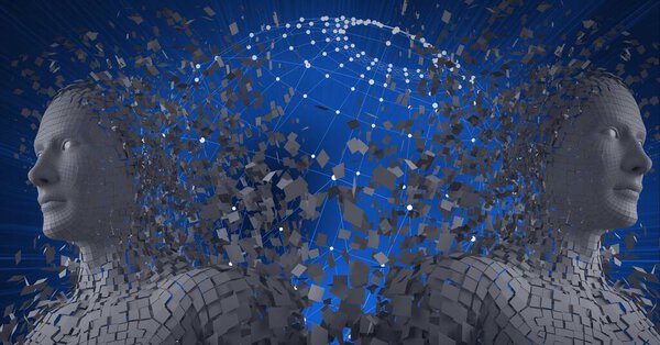 Состав двух человеческих бюстов, образованных серыми частицами и глобусом на синем фоне. глобальная наука, медицина и технологии концепция цифрового изображения.