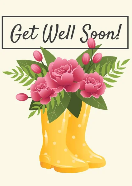 Composition Get Well Soon Message Pink Flowers Orange Wellington Boots — Stock Photo, Image