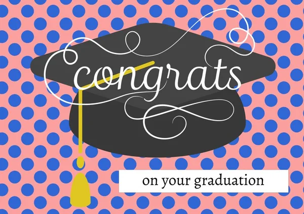 Zusammensetzung Der Glückwünsche Ihrer Abschlussbotschaft Mit Mörtelpappe Auf Blauem Punkt — Stockfoto