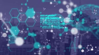 Şehirdeki bilimsel veri işleme, insan beyni ve moleküllerinin animasyonu. küresel bağlantılar, bilim ve dijital arayüz konsepti dijital olarak oluşturulmuş video.