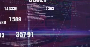 Değişen numaraların animasyonu ve mor arka planda finansal veri işleme. küresel bağlantılar ve dijital arayüz konsepti dijital olarak oluşturulmuş video.