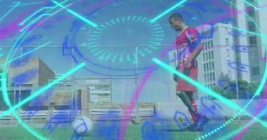 Parlak neon yuvarlak tarayıcı protez bacaklı futbol oynayan erkek futbolcuya karşı. spor ve teknoloji konsepti