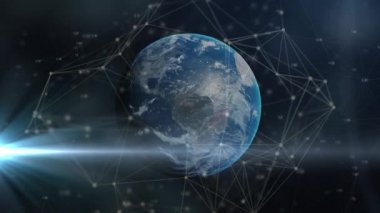 Mavi arka planda parlayan ışığın ve dünya üzerindeki bağlantıların animasyonu. küresel teknoloji, ağ oluşturma ve dijital arayüz kavramı dijital olarak oluşturulmuş video.