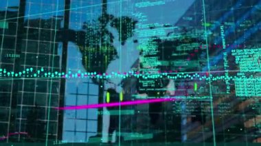 Dünya haritası ve modern binalar üzerinde veri işleme animasyonu. küresel bağlantılar ve dijital arayüz konsepti dijital olarak oluşturulmuş video.