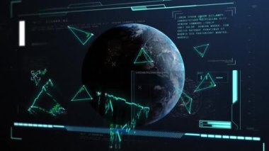 Veri işleme ve mavi arka planda titreşen üçgenlerin animasyonu. küresel teknoloji, ağ oluşturma ve dijital arayüz kavramı dijital olarak oluşturulmuş video.