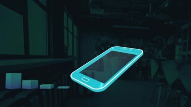 Arka plandaki boş ofise karşı istatistiksel veri işleme üzerinden akıllı telefon üzerinden dijital simgeler. küresel finans ve iş kavramı