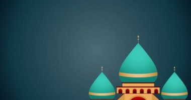 Ay animasyonu, yıldızlar ve lampionlar gece mavi arka planda binanın üzerinde asılı duruyor. Gece konseptinde şehir manzarası dijital olarak oluşturulmuş video.