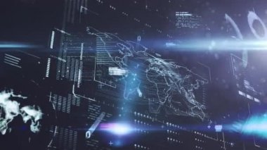 Koyu mavi arka planda dünya haritası ve veri işleme animasyonu. küresel bağlantılar ve dijital arayüz konsepti dijital olarak oluşturulmuş video.
