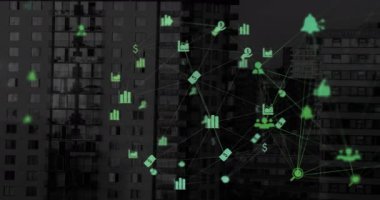 Finansal simgelerin küresi arka plandaki yüksek binalara doğru dönüyor. küresel finans ve iş kavramı