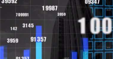 Dünya haritası ve şehir manzarası üzerinde değişen ve veri işleme numaralarının animasyonu. küresel bağlantılar ve dijital arayüz konsepti dijital olarak oluşturulmuş video.