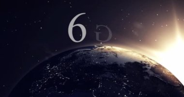 Dönen küre üzerinde 6G metin ve uzaydan görülen güneş animasyonu. küresel ağlar, iletişim, bağlantı ve teknoloji konsepti dijital olarak oluşturulmuş video.