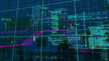 Mavi ekranda veri işleme şebekesinin ve şehir manzarasının animasyonu. küresel bağlantılar ve dijital arayüz konsepti dijital olarak oluşturulmuş video.