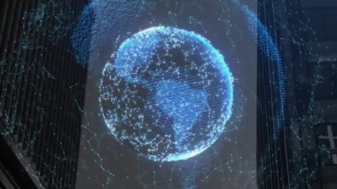Modern binalar üzerindeki bağlantı ağıyla parlayan dünyanın animasyonu. küresel bağlantılar ve dijital arayüz konsepti dijital olarak oluşturulmuş video.