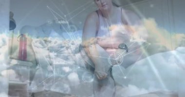 Kafkasyalı bir kadının ayakkabı bağcıklarını gökyüzündeki bulutlara bağlaması ile ilgili bağlantılar. Spor, spor ve teknoloji konsepti