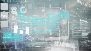 Şehirdeki veri işleme üzerinde tarama yapan dürbünlerin animasyonu. küresel teknoloji, ağ oluşturma ve dijital arayüz kavramı dijital olarak oluşturulmuş video.