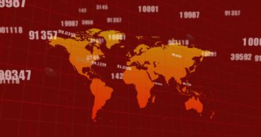 Kırmızı zemin üzerindeki dünya haritasıyla şebeke üzerinde birden fazla sayı değişiyor. küresel ağ ve teknoloji kavramı