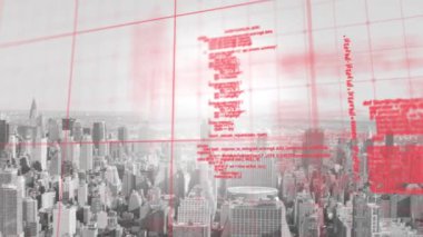 Şehir manzarası üzerindeki veri işleme sisteminin animasyonu. küresel bağlantılar ve dijital arayüz konsepti dijital olarak oluşturulmuş video.