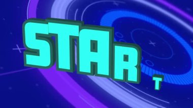 Mavi arkaplandaki yuvarlak tarayıcıya karşı başlangıç metninin dijital animasyonu. bilgisayar arayüzü ve video oyunu kavramı