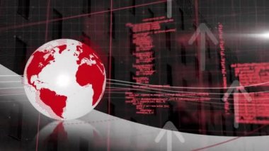 Çok sayıda ok yukarı doğru hareket ediyor ve kara zemin üzerinde veri işleme karşı dünyayı döndürüyor. bilgisayar arayüzü ve teknoloji kavramı