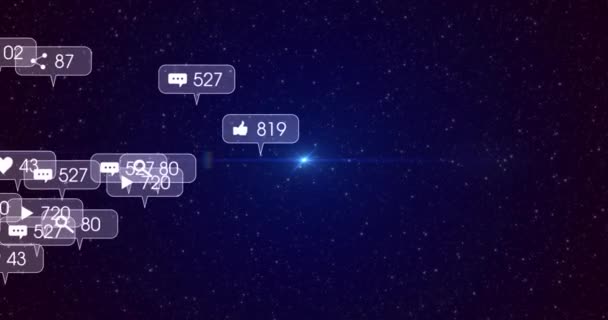 Animacja Ikon Mediów Społecznościowych Liczb Szarych Transparentach Nad Gwiazdami Nocnym — Wideo stockowe