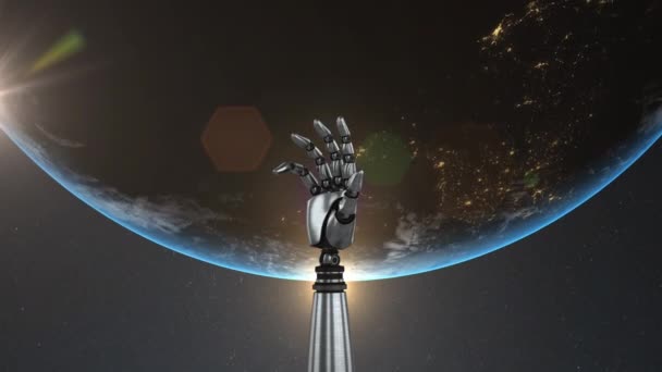 Robotun Kolunun Arka Plandaki Evrende Dünyayı Döndürüşünün Animasyonu Küresel Oluşturma — Stok video
