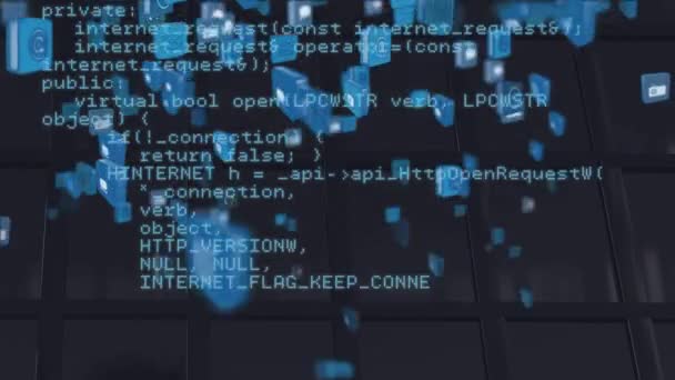 Animering Blå Digitala Ikoner Och Databehandling Över Moderna Byggnaden Globala — Stockvideo